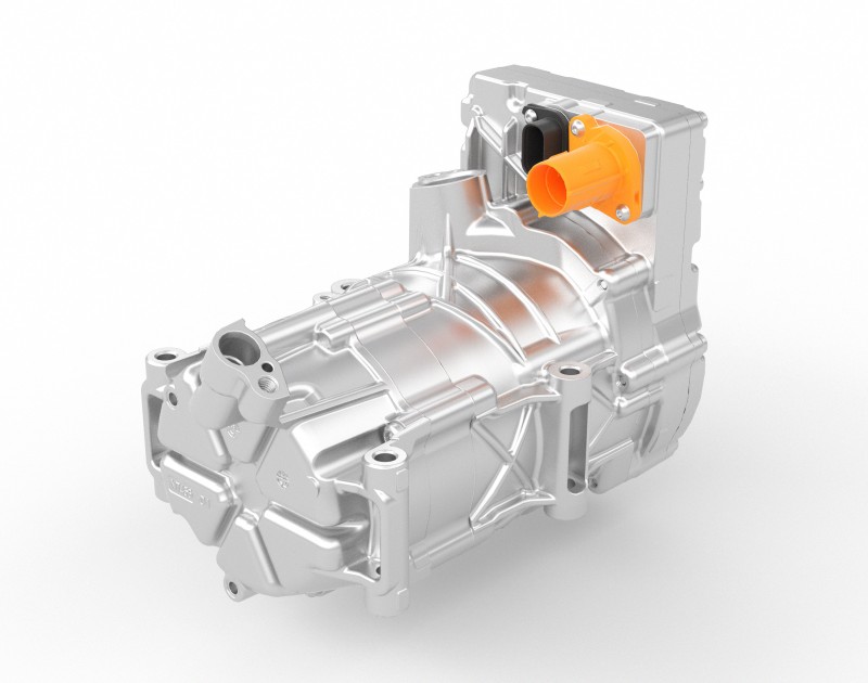 Silver electric air conditioner compressor with orange connection, used for cooling batteries in electric commercial vehicles. 